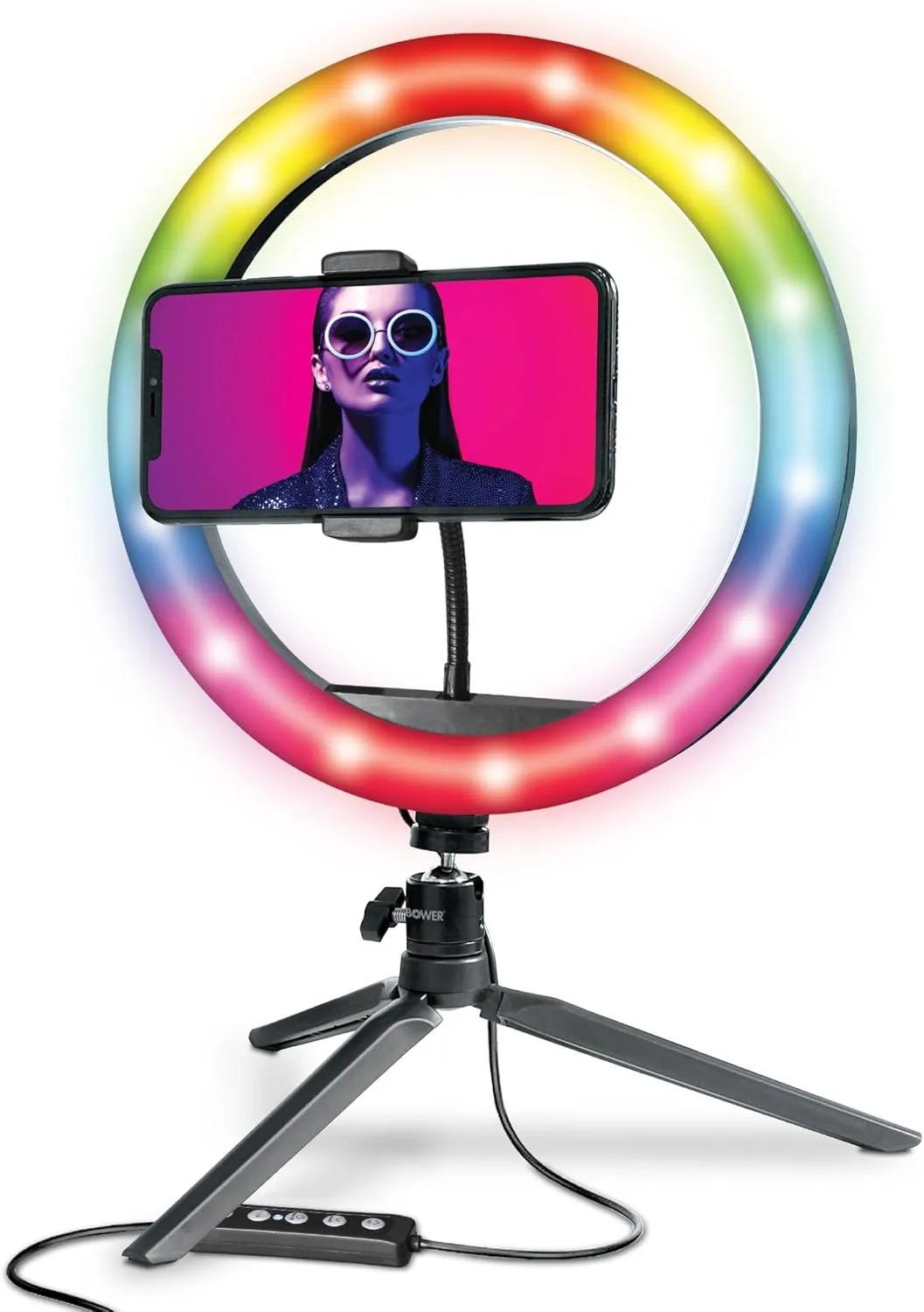 Bower 10 inch RGB Selfie Desktop Ring Light Stand Studio Kit - Ultra Wide Range, 9 Colors, 12 Brightness Levels, Special Effects, Tripod, Phone Clip/Holder