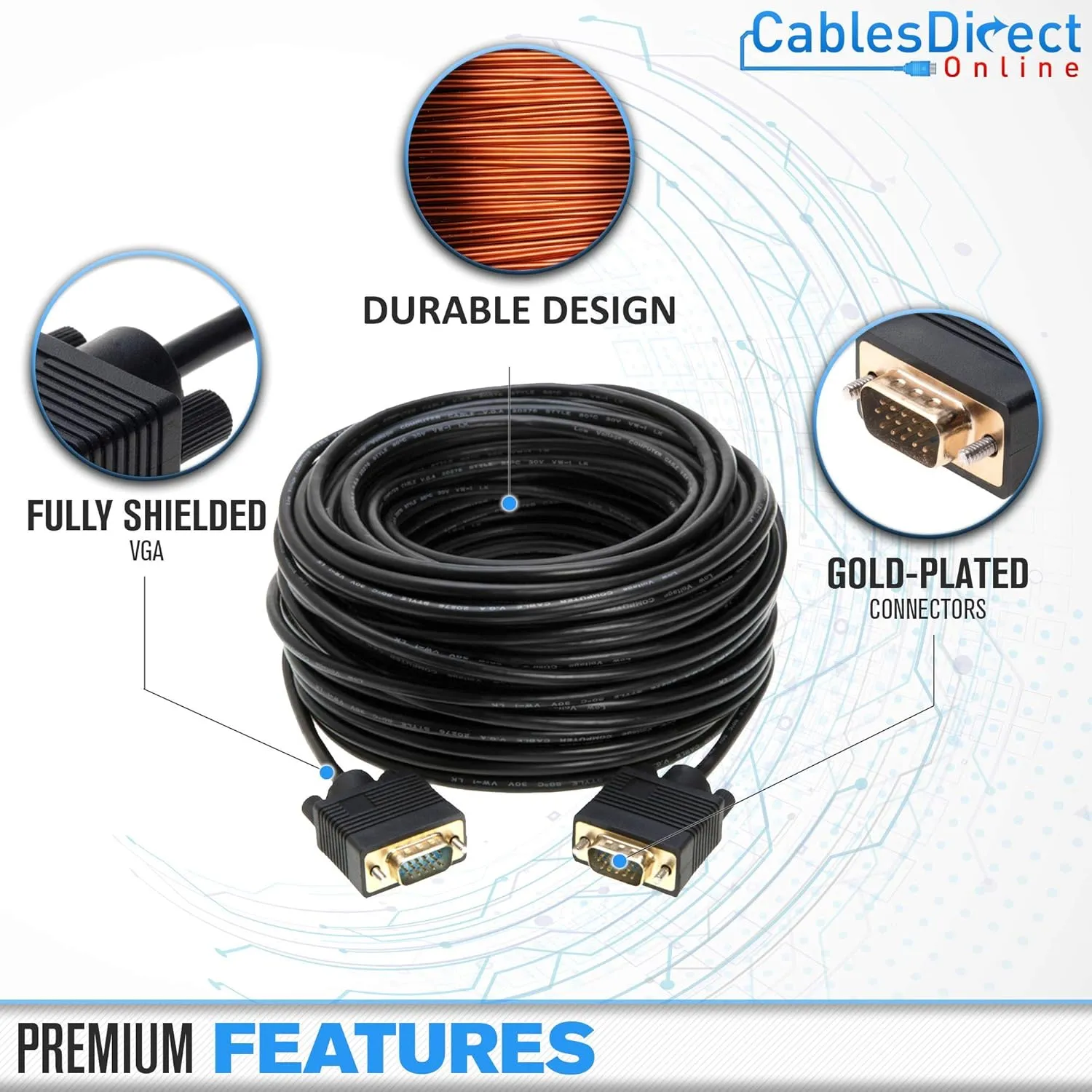 Cables Direct Online 15FT SVGA Monitor Cable - Male to Male VGA to VGA 1080P for PC, Projector, Laptop, TV