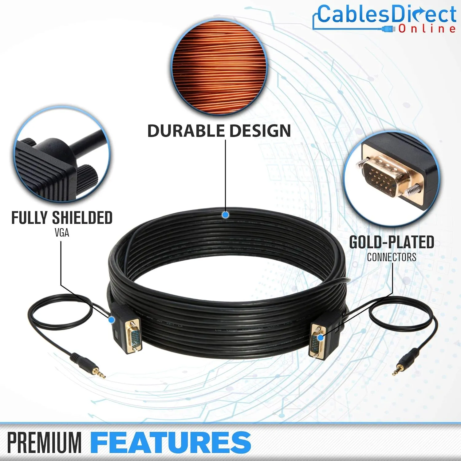Cables Direct Online 50FT SVGA   Audio Monitor Cable - Male to Male VGA to VGA 1080P for PC, Projector, Laptop, TV