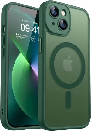 CANSHN Magnetic for iPhone 13 Case, Upgraded [Full Camera Protection] [Compatible with Magsafe] [Translucent Matte] Shockproof Protective Phone Case for iPhone 13 6.1" - Deep Green