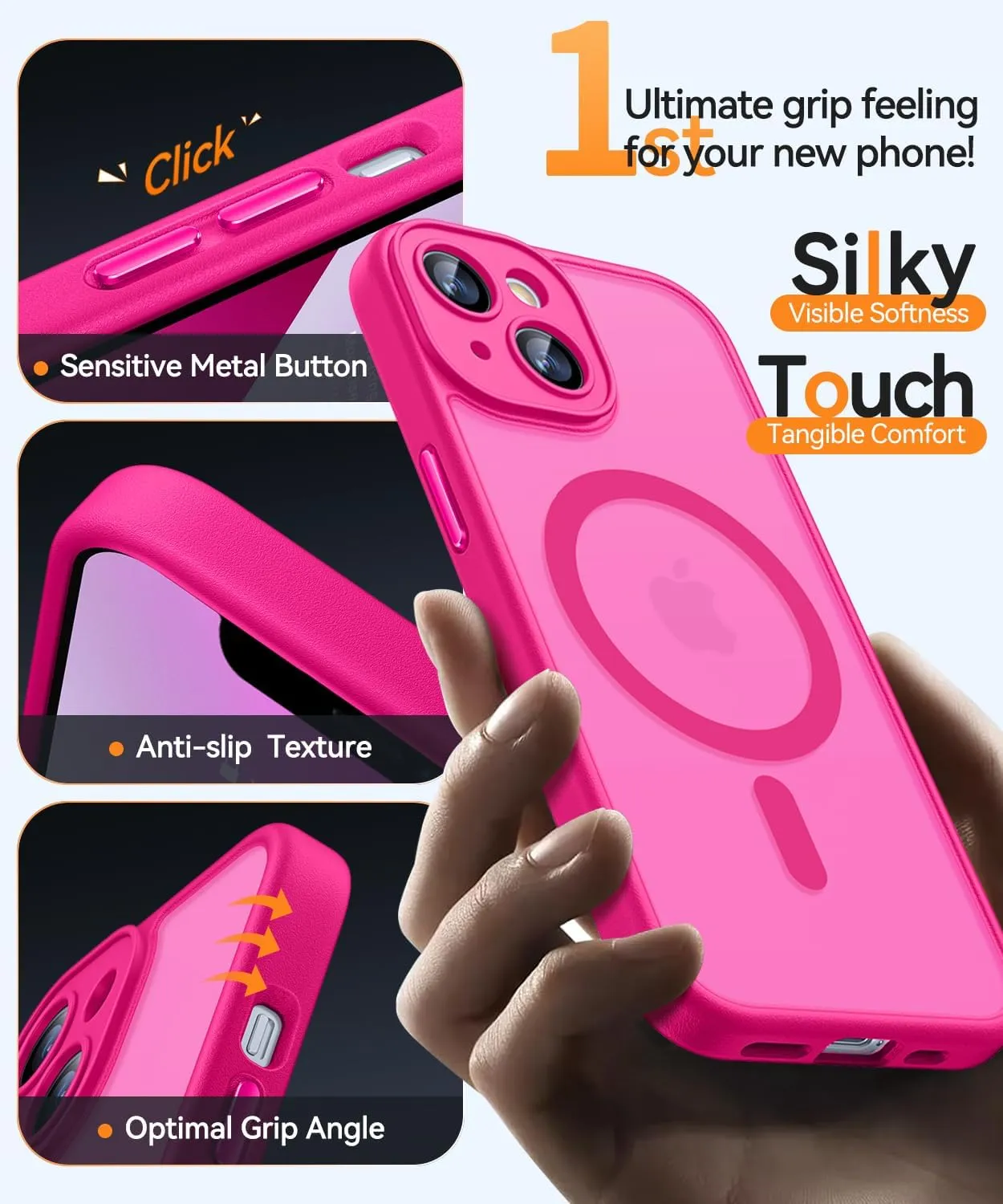 CANSHN Magnetic for iPhone 13 Case, Upgraded [Full Camera Protection] [Compatible with Magsafe] [Translucent Matte] Shockproof Protective Phone Case for iPhone 13 6.1" - Hot Pink