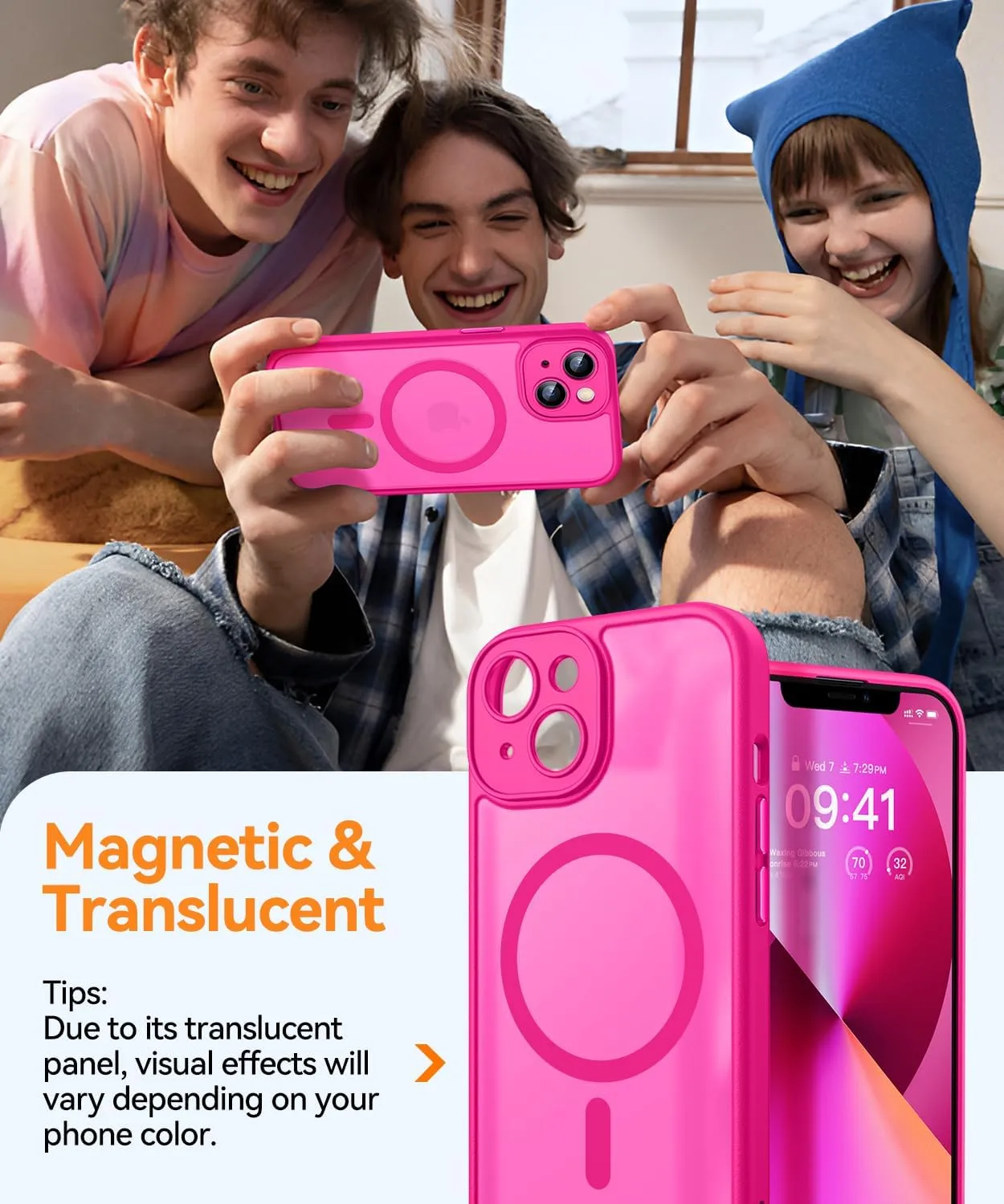 CANSHN Magnetic for iPhone 13 Case, Upgraded [Full Camera Protection] [Compatible with Magsafe] [Translucent Matte] Shockproof Protective Phone Case for iPhone 13 6.1" - Hot Pink