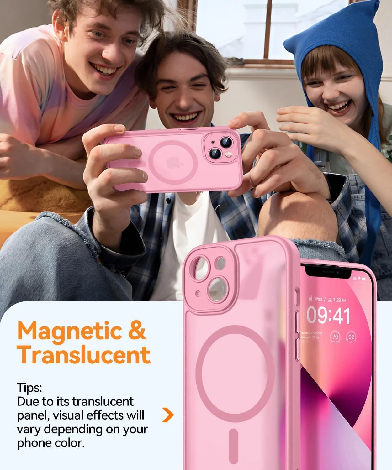 CANSHN Magnetic for iPhone 13 Case, Upgraded [Full Camera Protection] [Compatible with Magsafe] [Translucent Matte] Shockproof Protective Phone Case for iPhone 13 6.1" - Pink