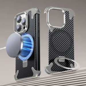 Carbon Fiber Grain Frameless for iPhone 15 Promax Case with Magsafe Kickstand BezelLess Metal Slim Hard Ultra Thin for iPhone 15 Pro Max Case with Ring Holder Magnetic Invisible Stand, Natural