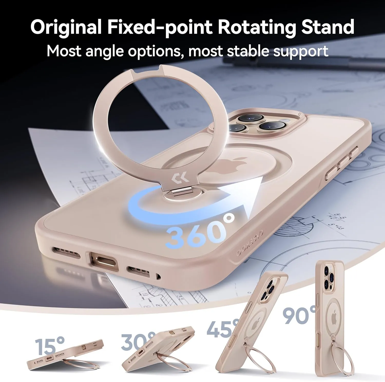 CASEKOO Desert Titanium for iPhone 16 Pro Case with Patented 360 Spin Magnetic Stand [Military Drop Protection] [Non-Slip Edge] [Compatible with MagSafe] Matte Slim Pro Case 6.3'', Rose Gold