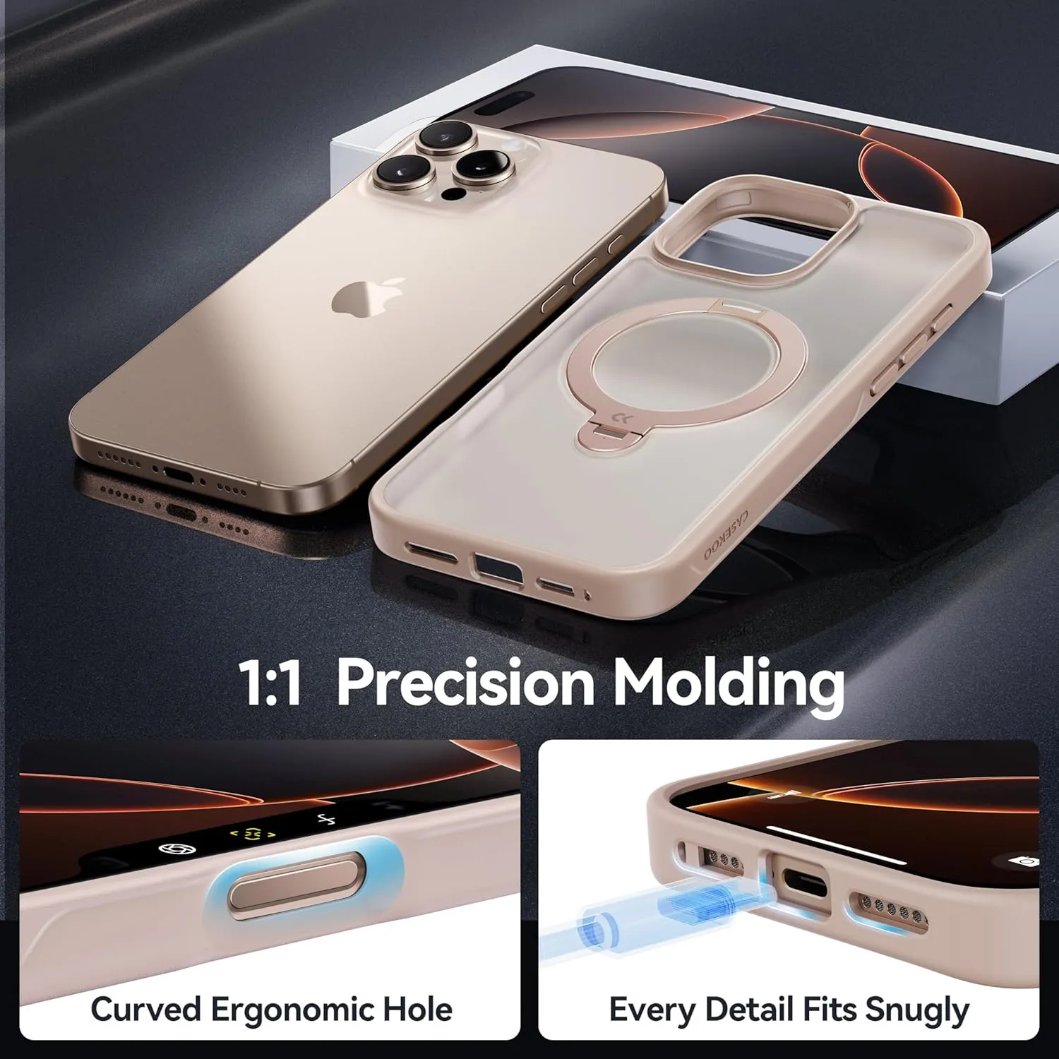 CASEKOO Desert Titanium for iPhone 16 Pro Case with Patented 360 Spin Magnetic Stand [Military Drop Protection] [Non-Slip Edge] [Compatible with MagSafe] Matte Slim Pro Case 6.3'', Rose Gold