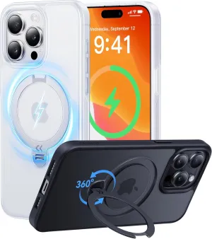 CASEKOO Patented 360 Spin Magnetic Stand for iPhone 15 Pro Max Case [Military Drop Protection] [Non-Slip Edge] [Compatible with MagSafe] Matte Shockproof Slim Promax Case 6.7'', Translucent White