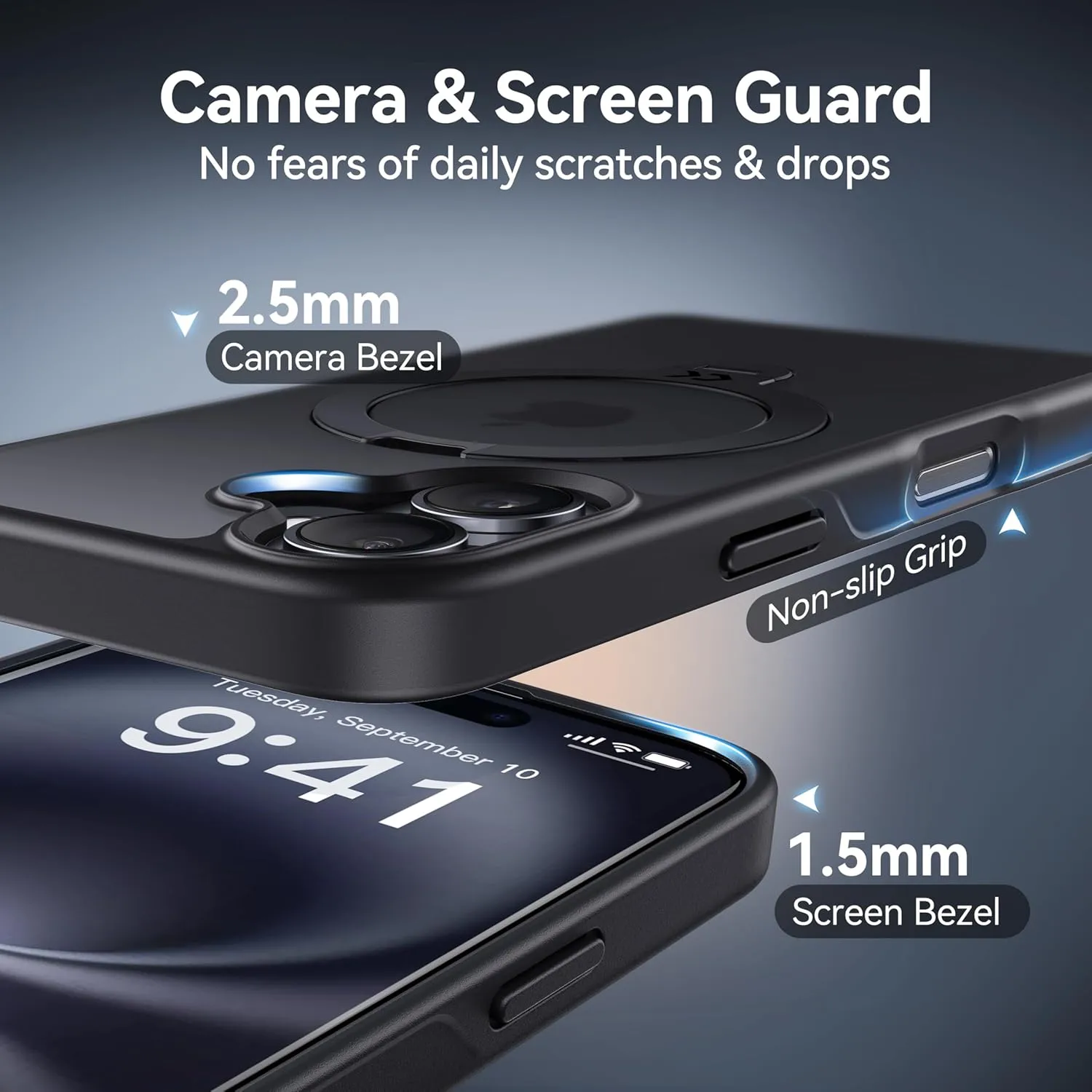 CASEKOO Patented 360 Spin Magnetic Stand for iPhone 16 Case [Military Drop Protection] [Non-Slip Edge] [Compatible with MagSafe] Shockproof Matte Translucent Slim for iPhone 16 Case 6.1'', Black