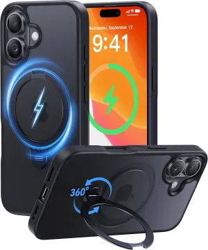 CASEKOO Patented 360 Spin Magnetic Stand for iPhone 16 Case [Military Drop Protection] [Non-Slip Edge] [Compatible with MagSafe] Shockproof Matte Translucent Slim for iPhone 16 Case 6.1'', Black