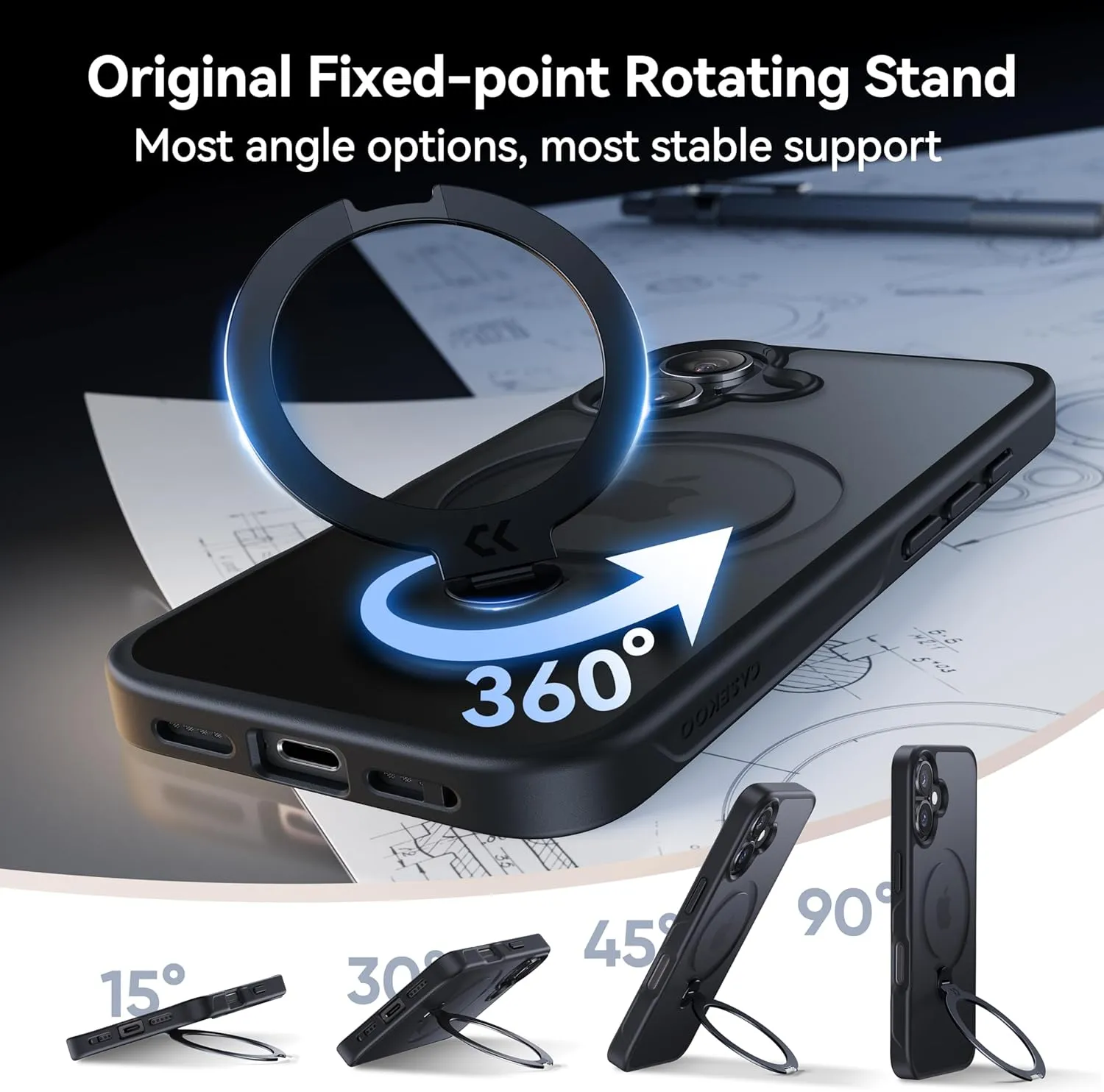 CASEKOO Patented 360 Spin Magnetic Stand for iPhone 16 Case [Military Drop Protection] [Non-Slip Edge] [Compatible with MagSafe] Shockproof Matte Translucent Slim for iPhone 16 Case 6.1'', Black