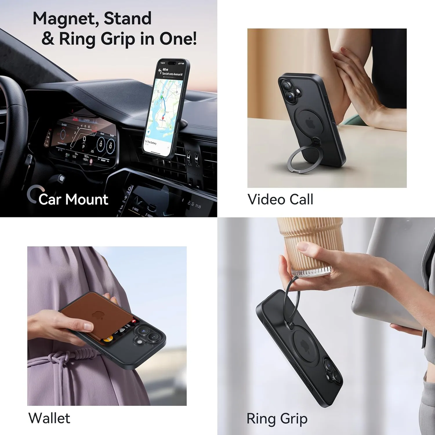 CASEKOO Patented 360 Spin Magnetic Stand for iPhone 16 Case [Military Drop Protection] [Non-Slip Edge] [Compatible with MagSafe] Shockproof Matte Translucent Slim for iPhone 16 Case 6.1'', Black