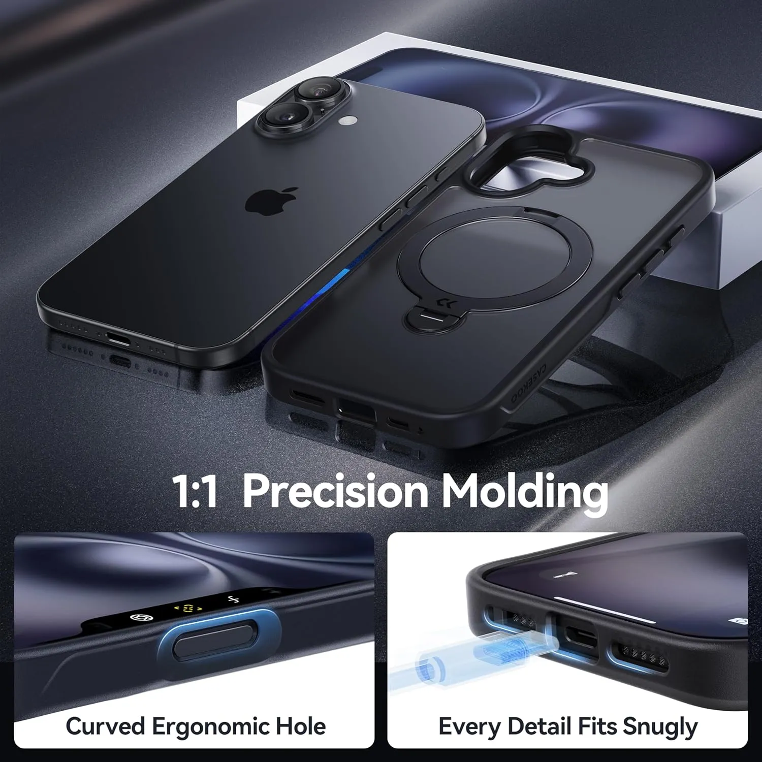 CASEKOO Patented 360 Spin Magnetic Stand for iPhone 16 Case [Military Drop Protection] [Non-Slip Edge] [Compatible with MagSafe] Shockproof Matte Translucent Slim for iPhone 16 Case 6.1'', Black