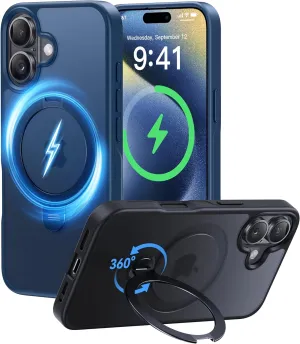 CASEKOO Patented 360 Spin Magnetic Stand for iPhone 16 Case [Military Drop Protection] [Non-Slip Edge] [Compatible with MagSafe] Shockproof Matte Translucent Slim for iPhone 16 Case 6.1'', Blue