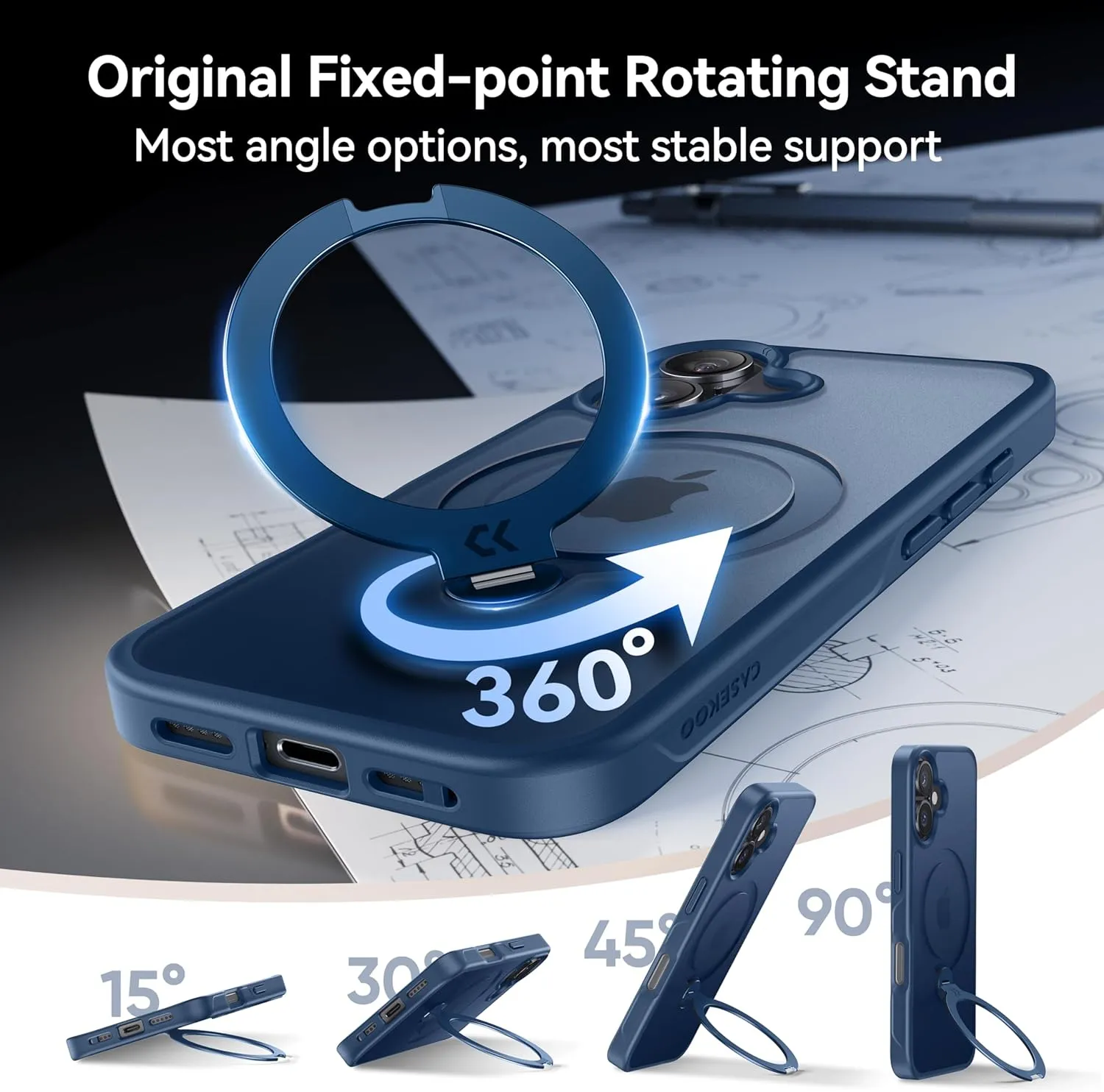 CASEKOO Patented 360 Spin Magnetic Stand for iPhone 16 Case [Military Drop Protection] [Non-Slip Edge] [Compatible with MagSafe] Shockproof Matte Translucent Slim for iPhone 16 Case 6.1'', Blue