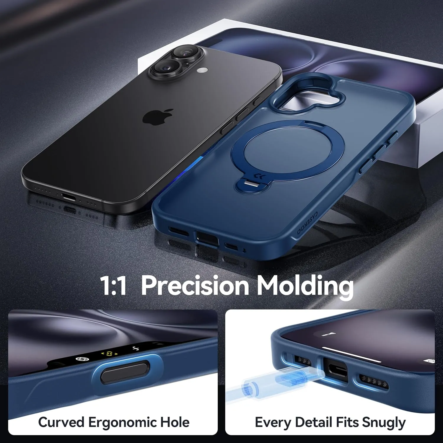 CASEKOO Patented 360 Spin Magnetic Stand for iPhone 16 Case [Military Drop Protection] [Non-Slip Edge] [Compatible with MagSafe] Shockproof Matte Translucent Slim for iPhone 16 Case 6.1'', Blue
