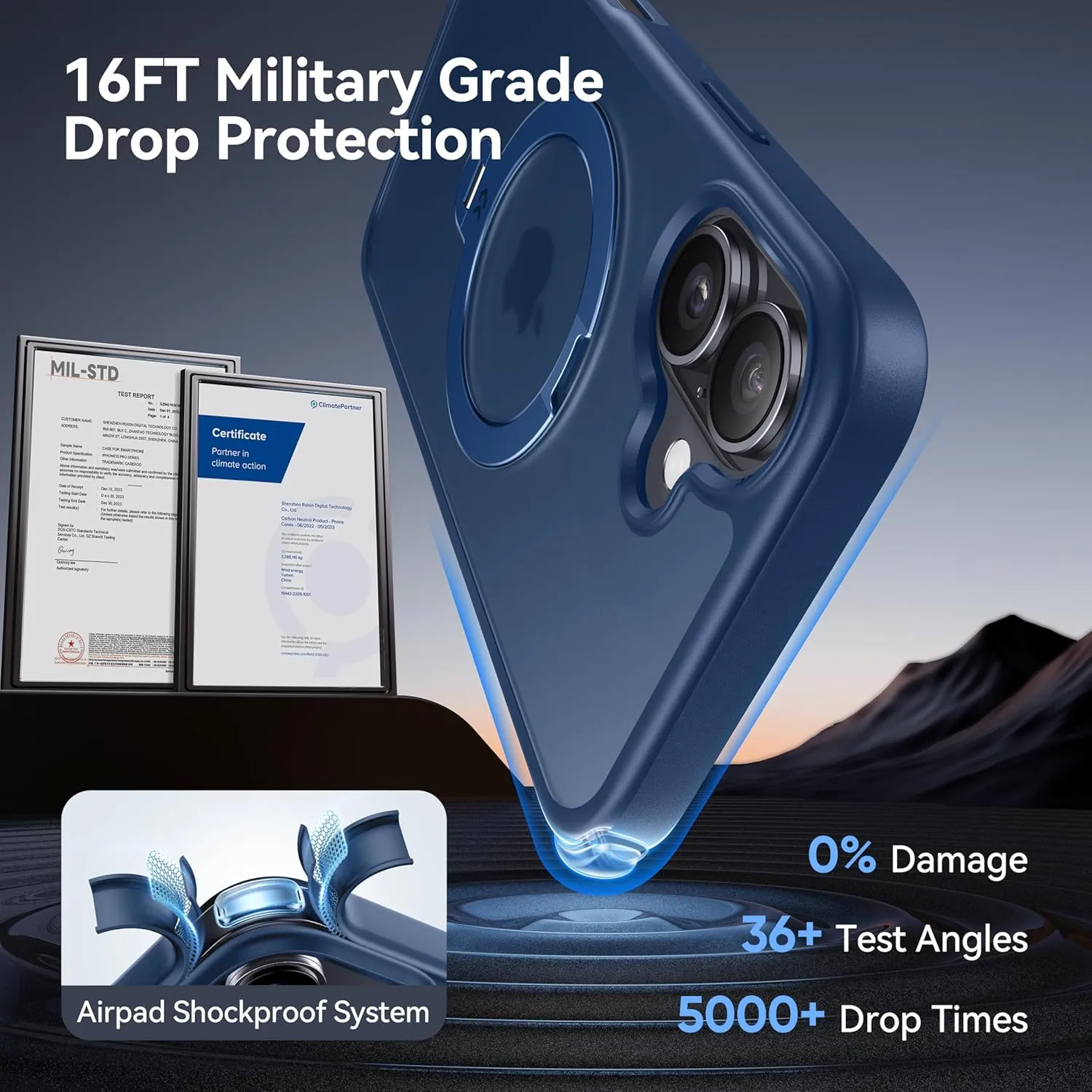 CASEKOO Patented 360 Spin Magnetic Stand for iPhone 16 Case [Military Drop Protection] [Non-Slip Edge] [Compatible with MagSafe] Shockproof Matte Translucent Slim for iPhone 16 Case 6.1'', Blue