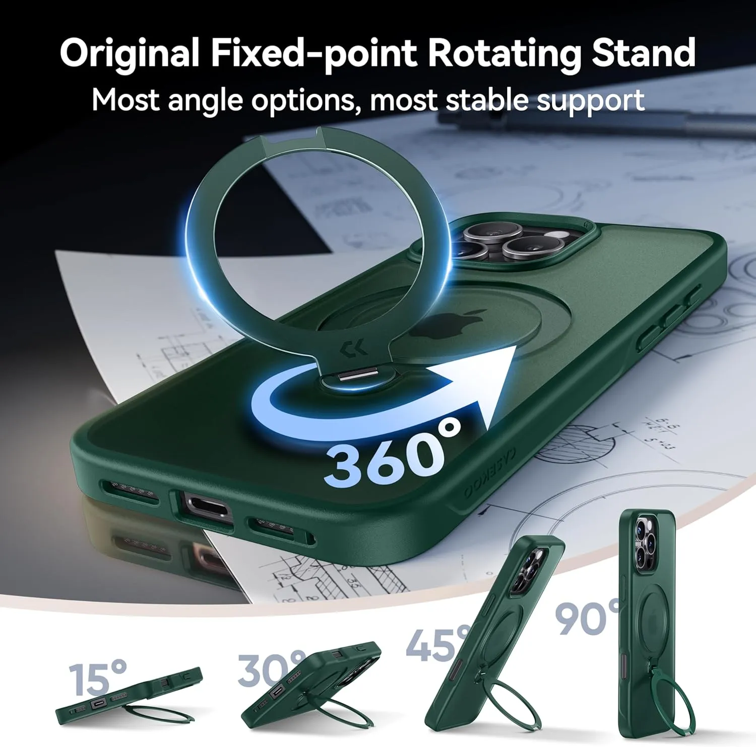 CASEKOO Patented 360 Spin Magnetic Stand for iPhone 16 Pro Case [Military Drop Protection] [Non-Slip Edge] [Compatible with MagSafe] Matte Shockproof Slim for iPhone 16 Pro Case 6.3'', Green