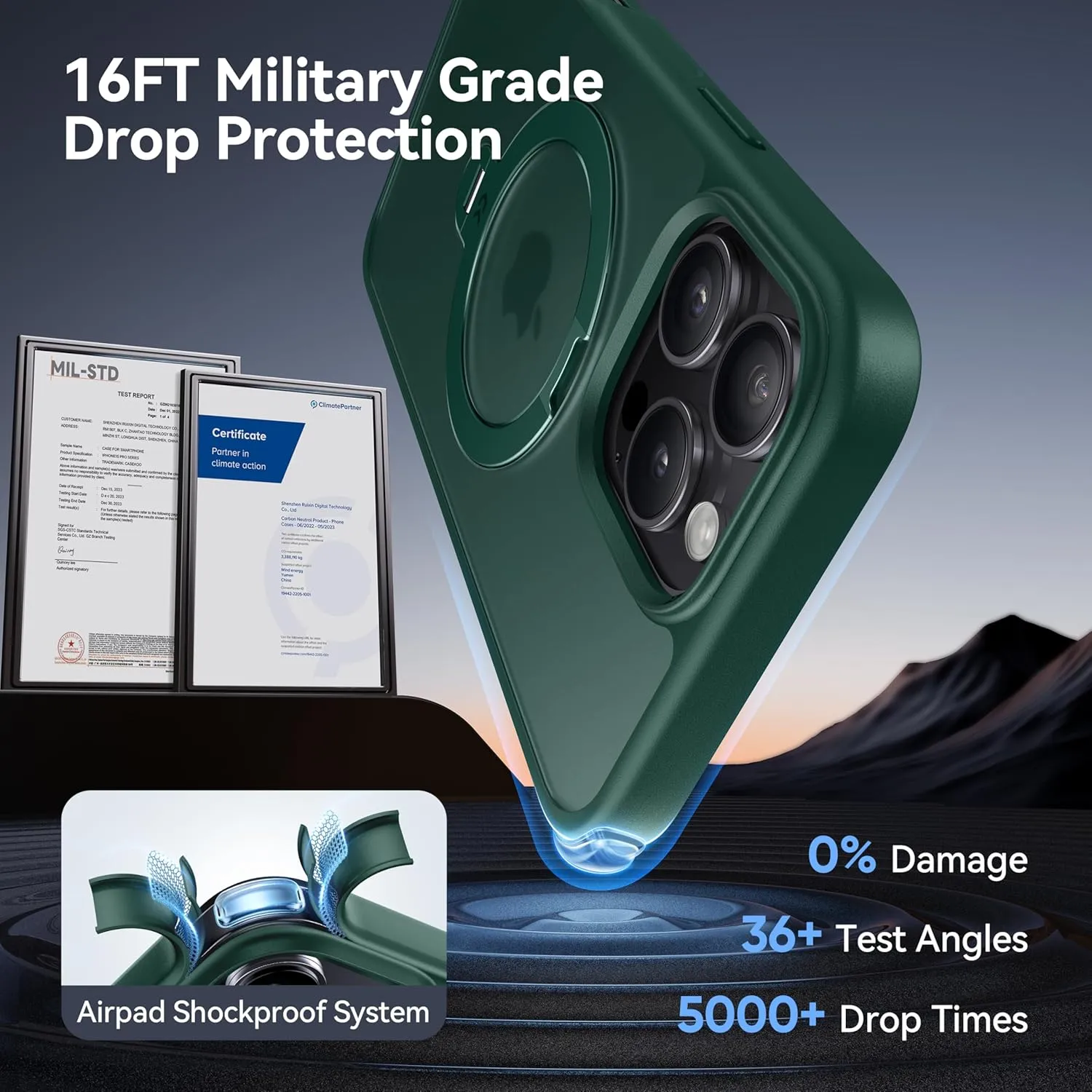 CASEKOO Patented 360 Spin Magnetic Stand for iPhone 16 Pro Case [Military Drop Protection] [Non-Slip Edge] [Compatible with MagSafe] Matte Shockproof Slim for iPhone 16 Pro Case 6.3'', Green