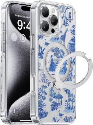 CASEKOO Patented 360 Spin Magnetic Stand for iPhone 16 Pro Case [Military Drop Protection] [Non-Slip Edge] [Compatible with MagSafe] Slim for iPhone 16 Pro Case 6.3'', Blue and White Porcelain