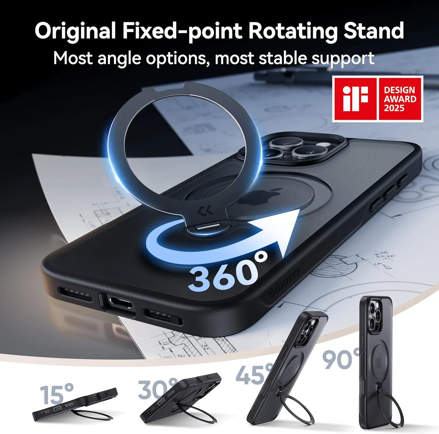 CASEKOO Patented 360 Spin Magnetic Stand for iPhone 16 Pro Max Case [Military Drop Protection] [Non-Slip Edge] [Compatible with MagSafe] Matte Shockproof Slim for iPhone 16 Pro Max Case 6.9'', Black