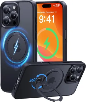 CASEKOO Patented 360 Spin Magnetic Stand for iPhone 16 Pro Max Case [Military Drop Protection] [Non-Slip Edge] [Compatible with MagSafe] Matte Shockproof Slim for iPhone 16 Pro Max Case 6.9'', Black