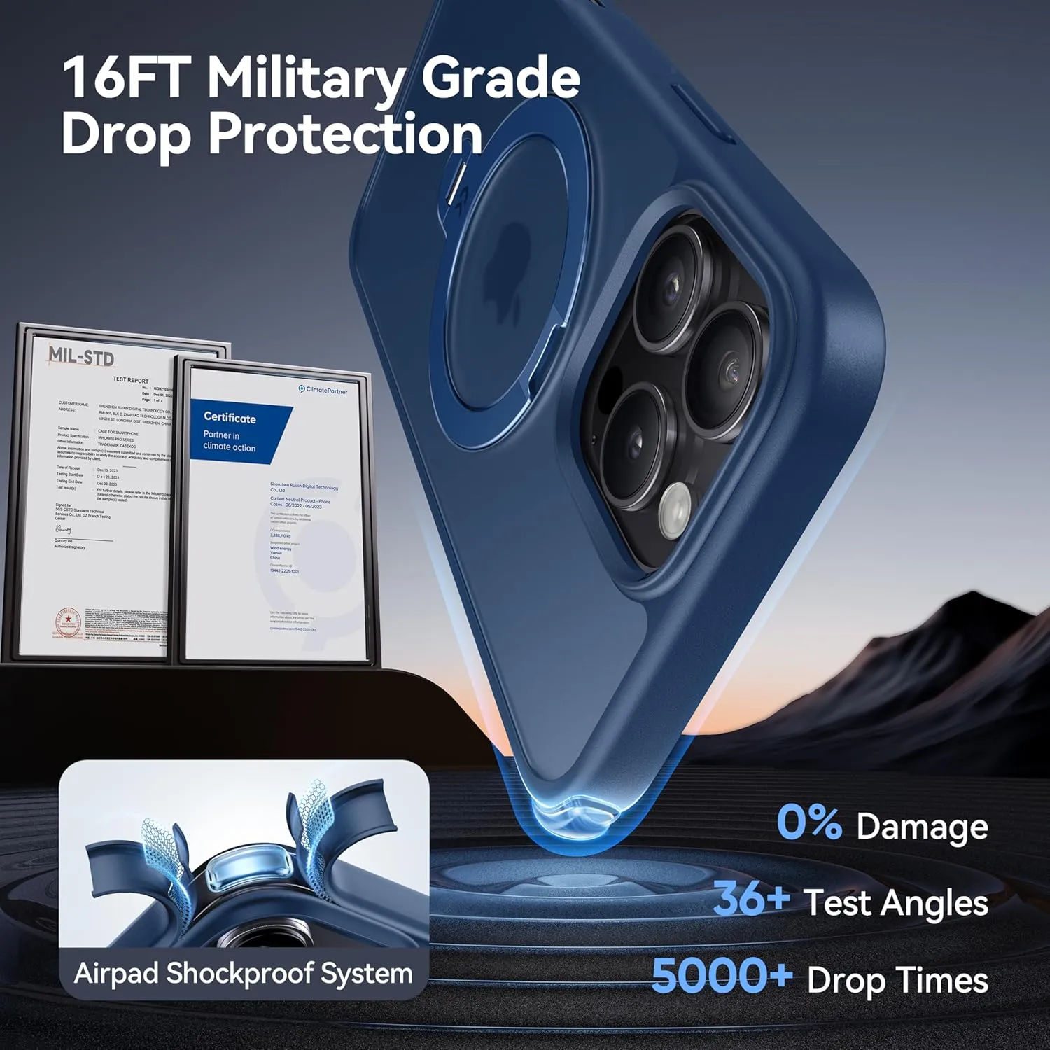 CASEKOO Patented 360 Spin Magnetic Stand for iPhone 16 Pro Max Case [Military Drop Protection] [Non-Slip Edge] [Compatible with MagSafe] Matte Shockproof Slim for iPhone 16 Pro Max Case 6.9'', Blue