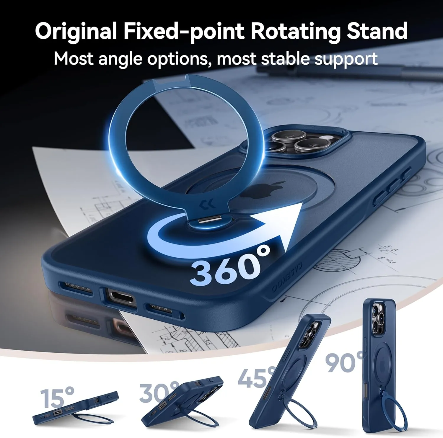 CASEKOO Patented 360 Spin Magnetic Stand for iPhone 16 Pro Max Case [Military Drop Protection] [Non-Slip Edge] [Compatible with MagSafe] Matte Shockproof Slim for iPhone 16 Pro Max Case 6.9'', Blue