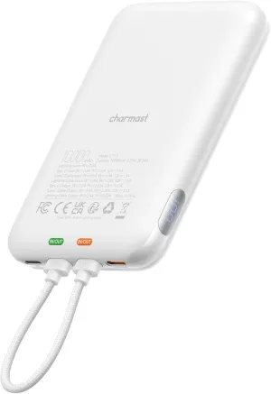 Charmast 10000mAh Wired Portable Charger, 20W Fast Charging Slim Power Bank with Removable Cable for iPhone & Android, Hand-Free Battery Pack with Digital Display for Short Travel (No-Wireless)