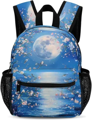 Cherry Flower Moon Ocean Bird 13 Inch Backpack Waterproof Lightweight Travel Backpack Purse Hiking Daypack