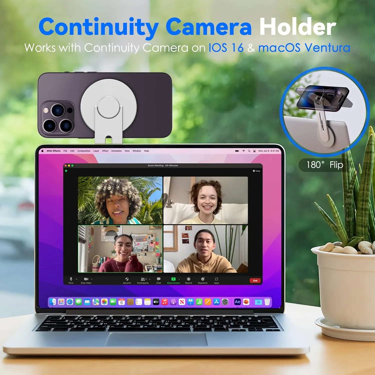 CloudValley Magnetic Laptop Phone Holder, Adjustable Continuity Camera Mount Compatible with MagSafe & for iOS 16 / macOS Ventura, Slim Portable Computer Expansion Bracket for Smartphone, Silver