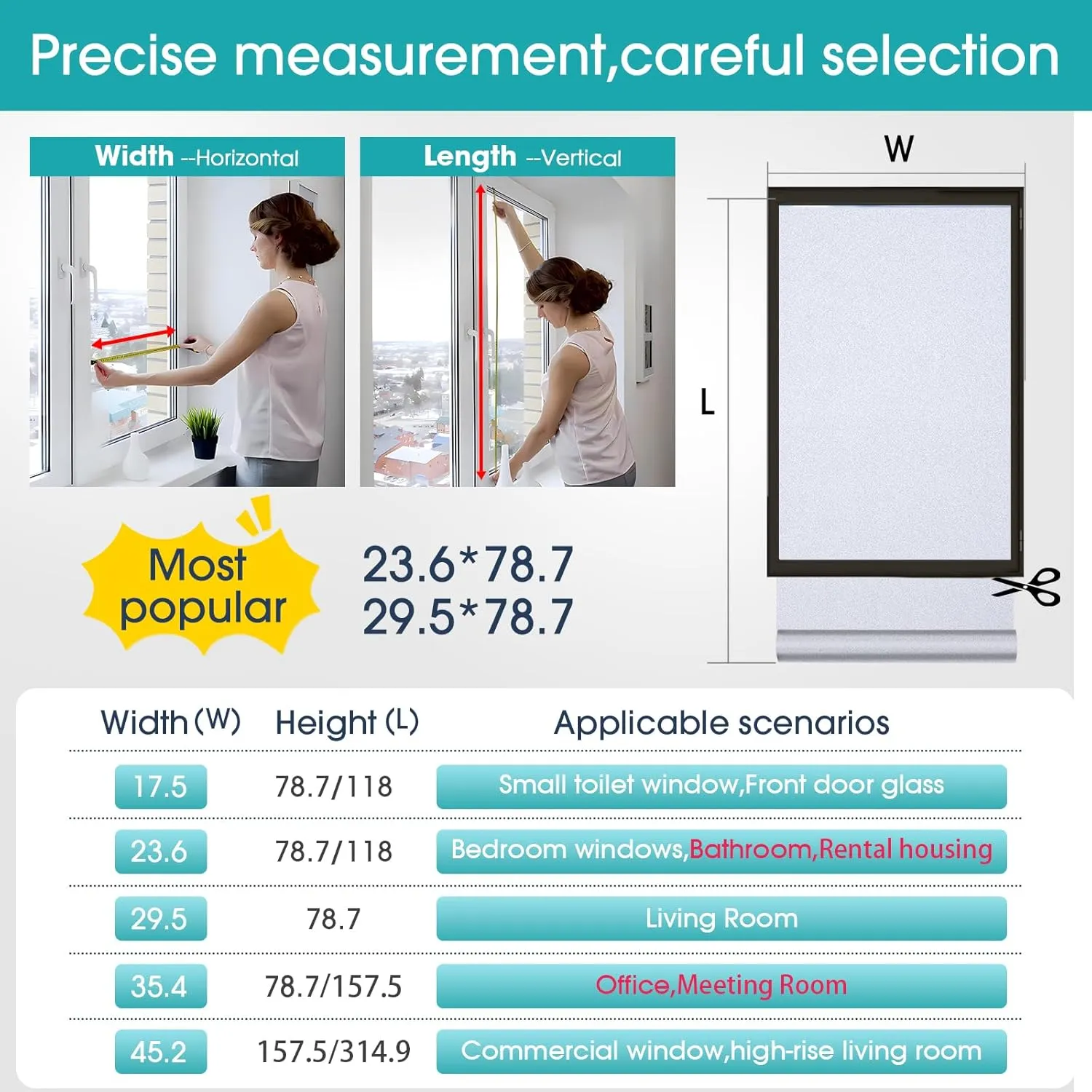Coavas Window Privacy Film Frosted Glass Static Cling UV Sun Blocking Heat Control Window Tint Day and Night Insulation Home Bathroom Door Decorative Frosting Cover, 17.5 x 78.7 Inch, Pure