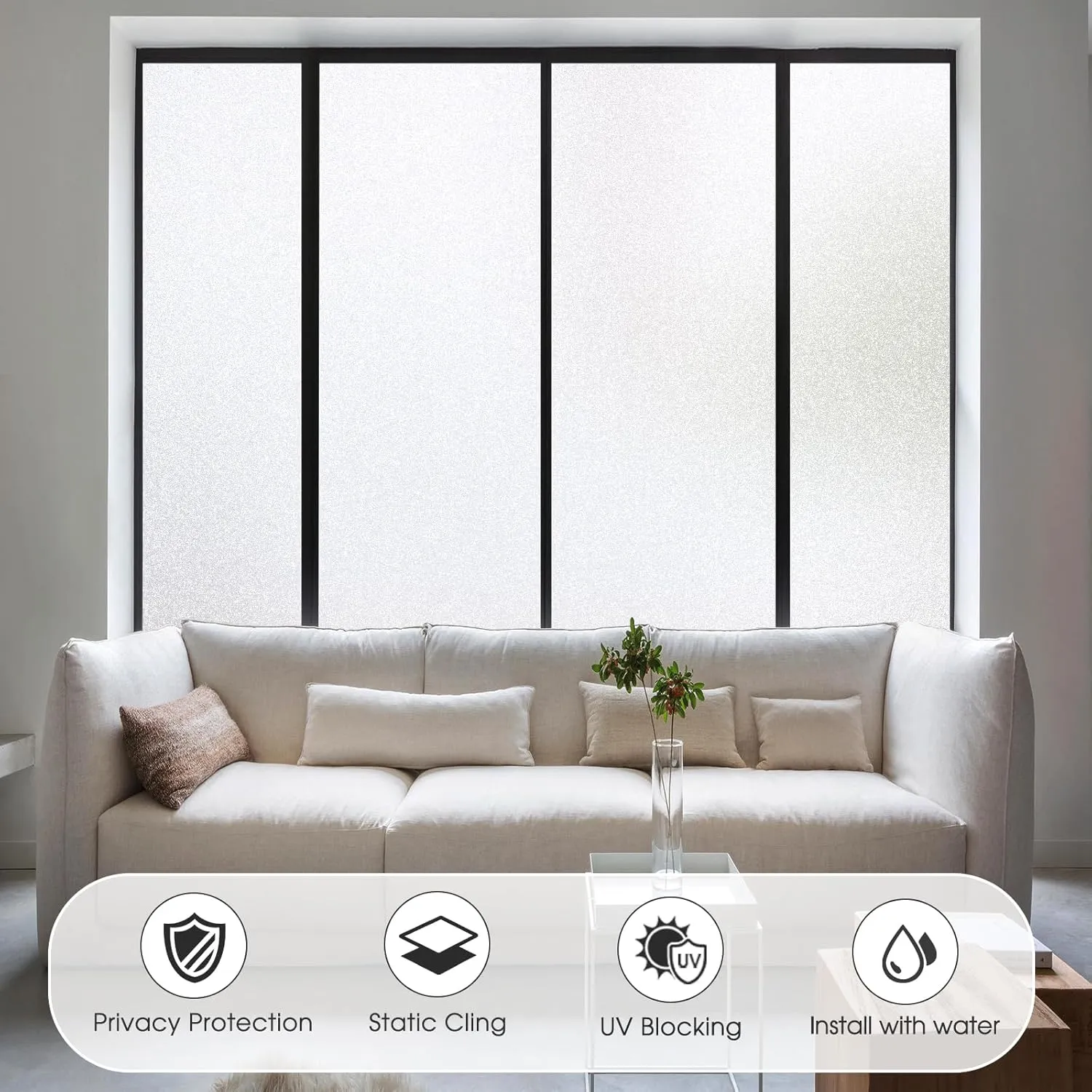 Coavas Window Privacy Film Frosted Glass Static Cling UV Sun Blocking Heat Control Window Tint Day and Night Insulation Home Bathroom Door Decorative Frosting Cover, 17.5 x 78.7 Inch, Pure
