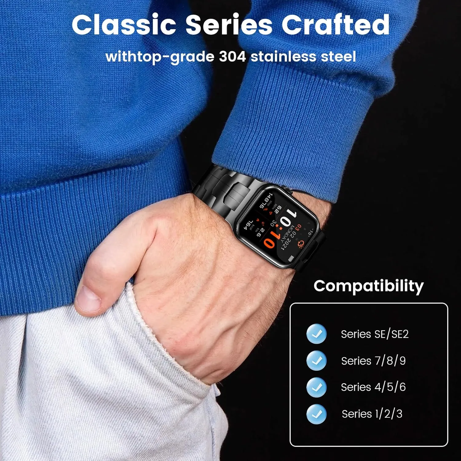Compatible with Apple Watch Bands for Men Women 49mm 45mm 46mm 44mm 42mm 41mm 40mm 38mm, Business Metal Strap with case for iWatch Bands Ultra Series 10 9 8 7 6 5 4 3 2 1 SE,Black.