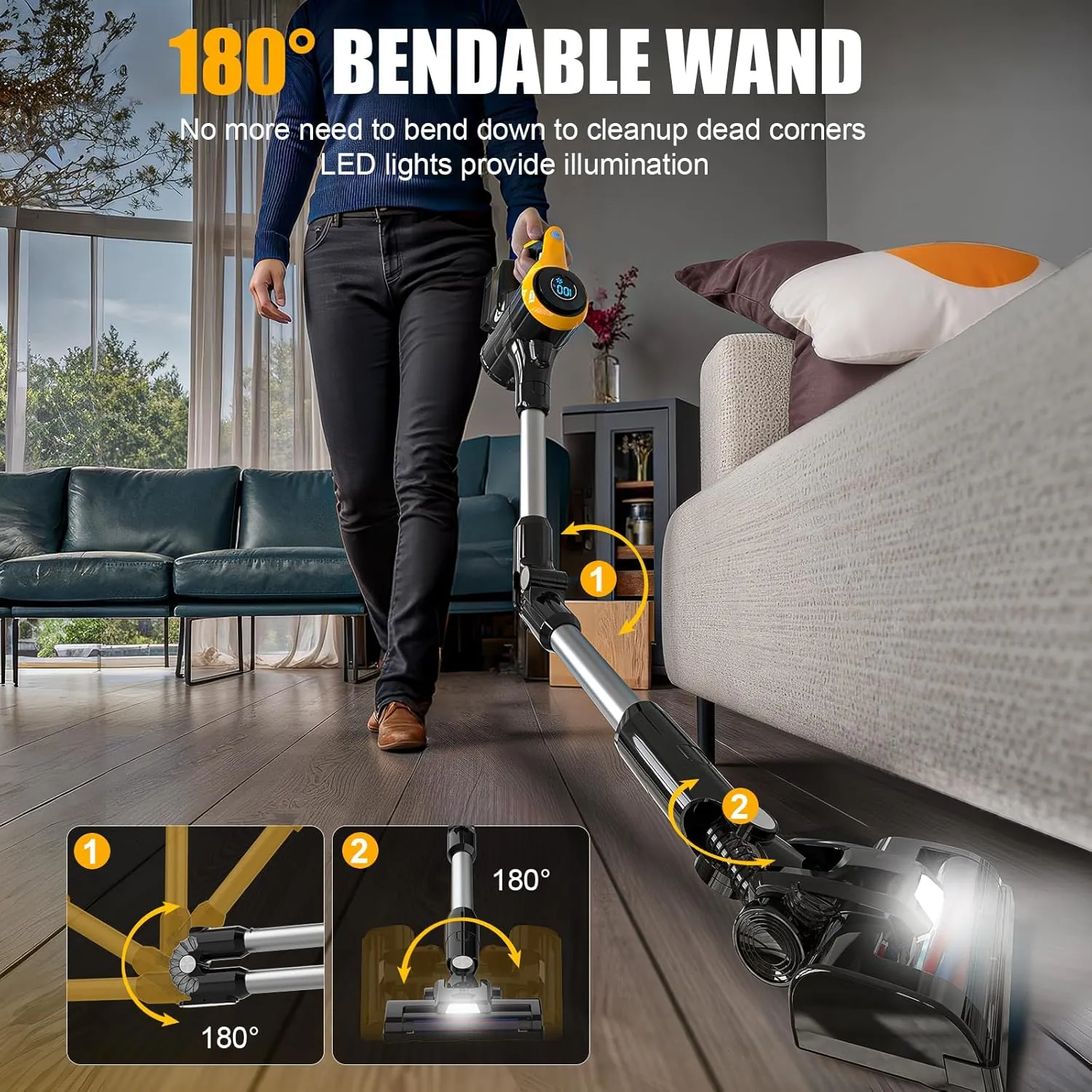 Cordless Vacuum Cleaner for DeWalt 20V Battery, 30KPa 180 Bendable Wand 6 in 1 Lightweight Stick Vacuum Smart Screen 350W Brushless Motor Hardwood Floor Floor Pet Hair Carpet(Battery not Include)