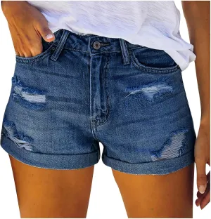 Denim Shorts for Women Stretchy Mid Rise Ripped Rolled Hem Jean Shorts Casual Summer Trendy Short Denim Pants