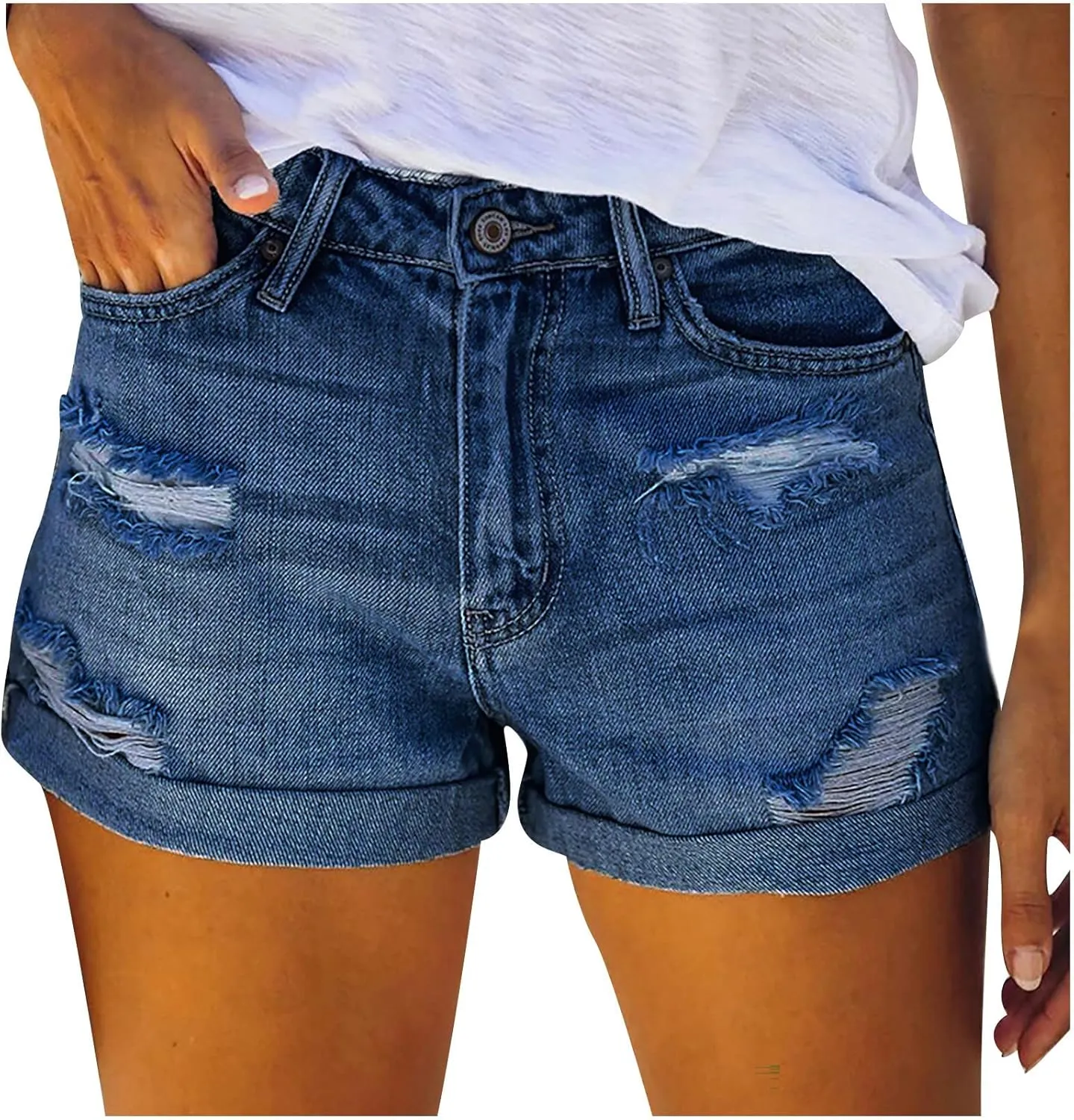 Denim Shorts for Women Stretchy Mid Rise Ripped Rolled Hem Jean Shorts Casual Summer Trendy Short Denim Pants