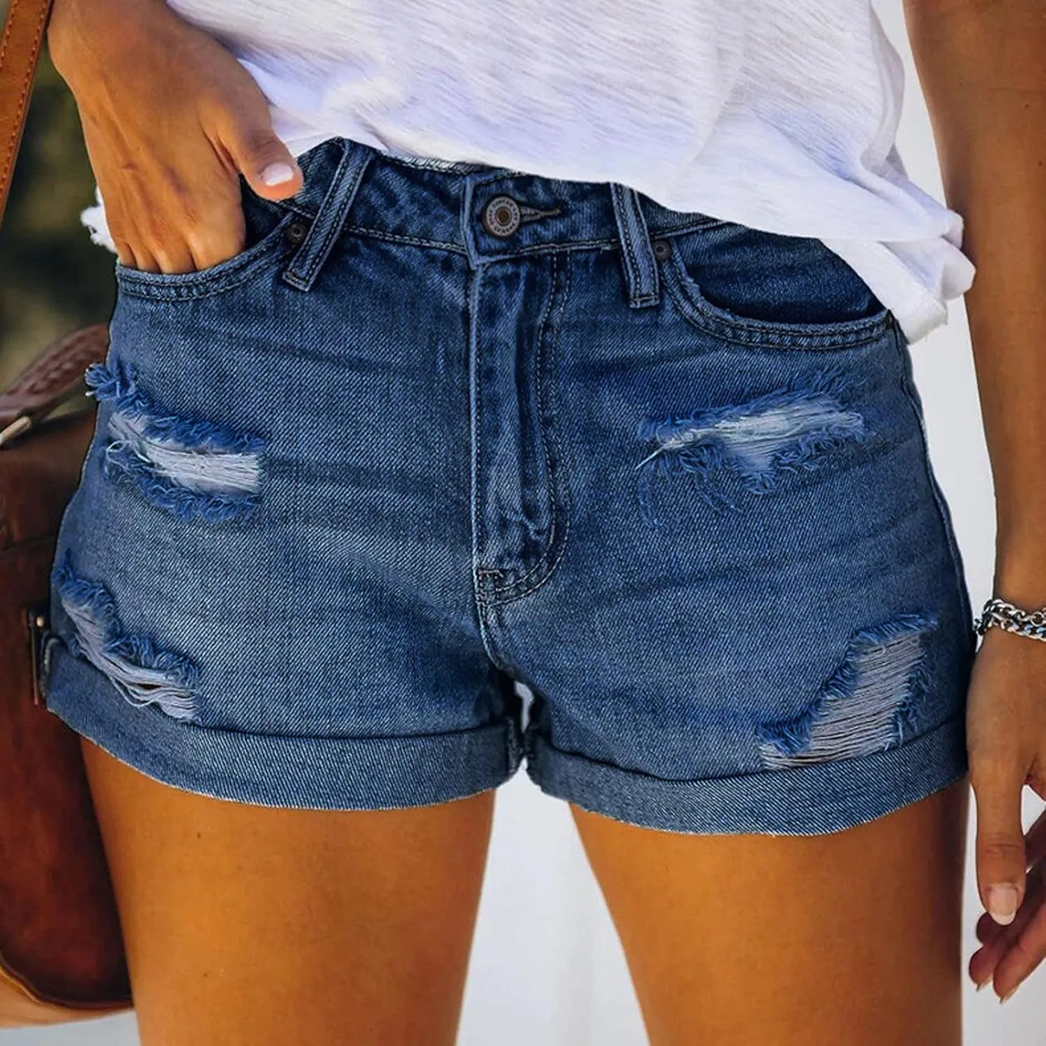 Denim Shorts for Women Stretchy Mid Rise Ripped Rolled Hem Jean Shorts Casual Summer Trendy Short Denim Pants
