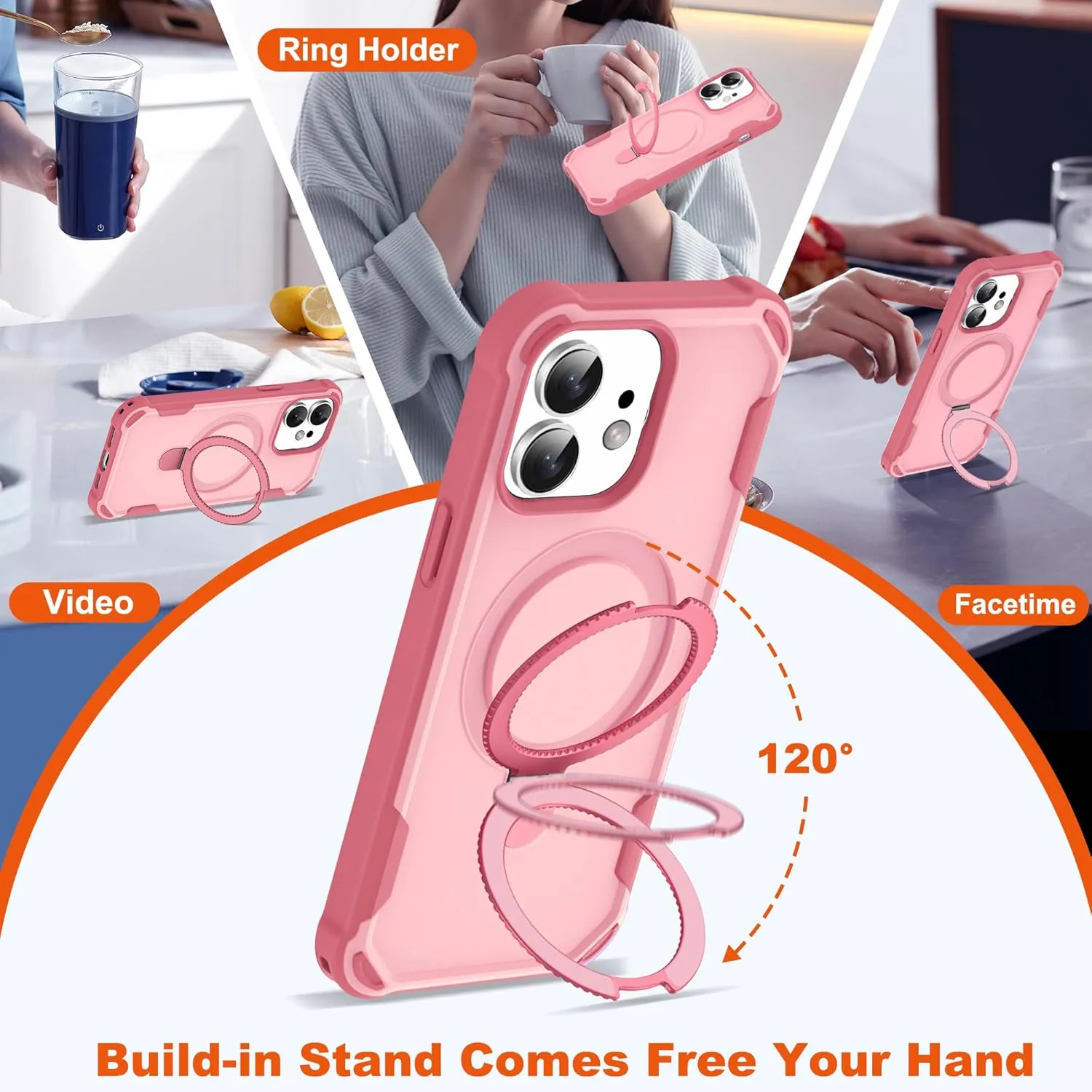 Designed for iPhone 11 Case 6.1'' with Magnetic Ring Stand [Military Drop Protection][Compatible with MagSafe] Shockproof 11 Phone Case for Men Wowen,Pink