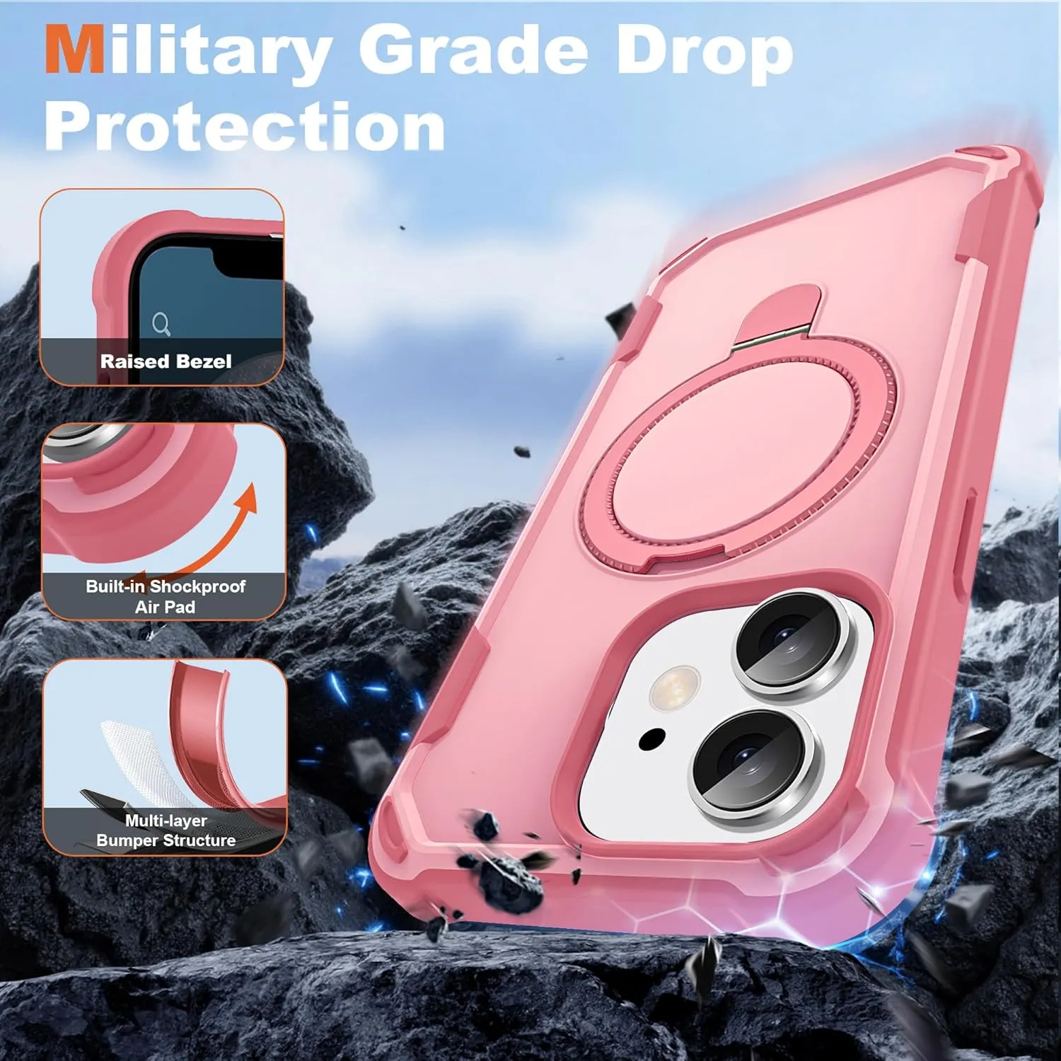 Designed for iPhone 11 Case 6.1'' with Magnetic Ring Stand [Military Drop Protection][Compatible with MagSafe] Shockproof 11 Phone Case for Men Wowen,Pink