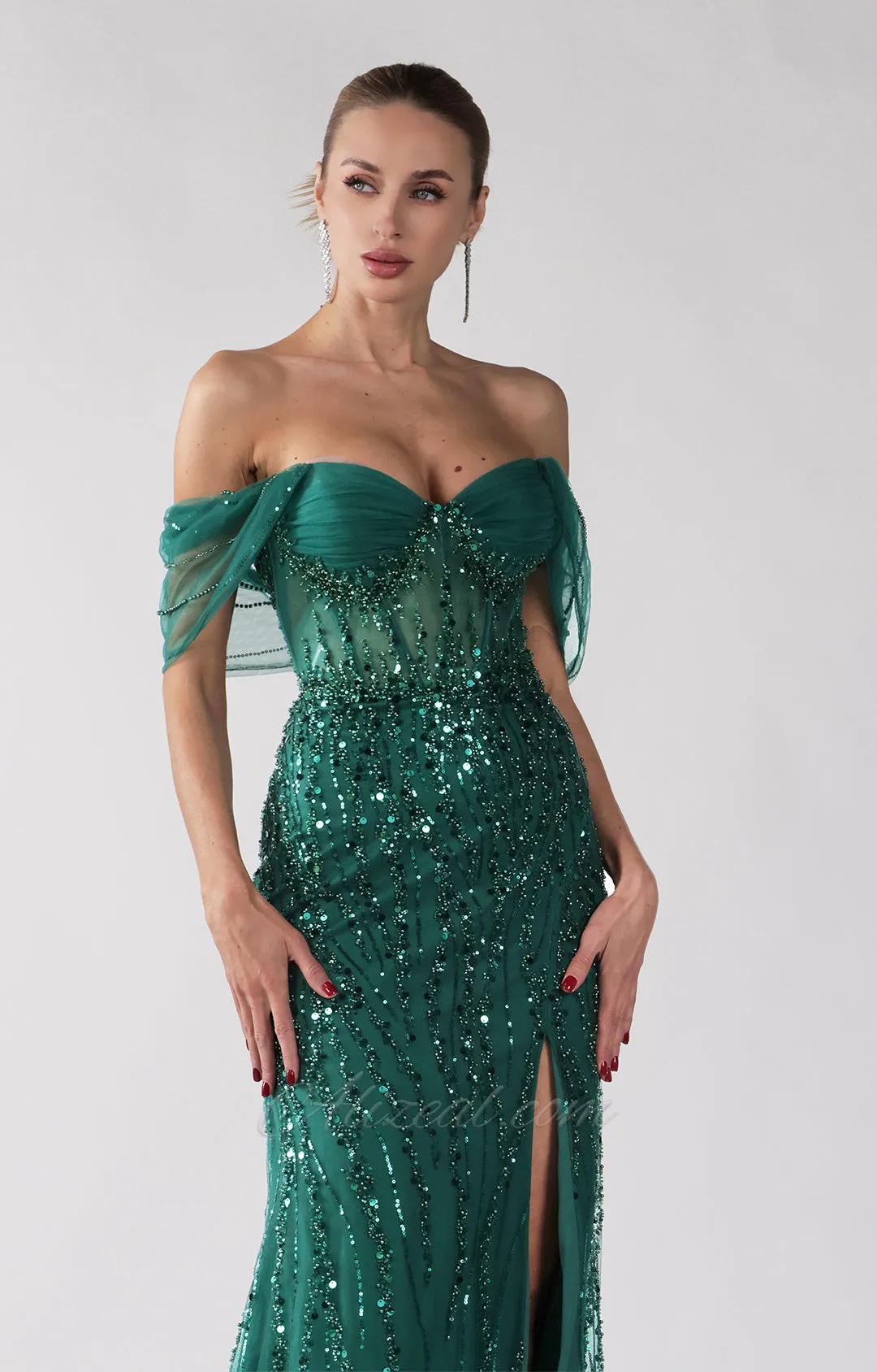 Drop-Shoulder Sequins Embroidery Side Split Bodice Dress