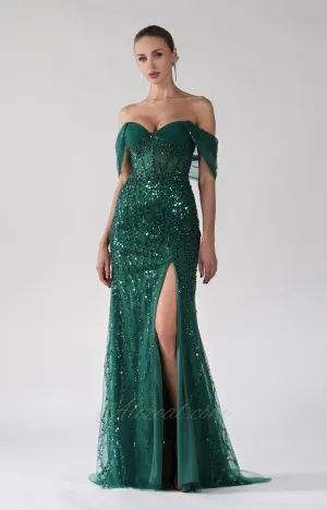 Drop-Shoulder Sequins Embroidery Side Split Bodice Dress