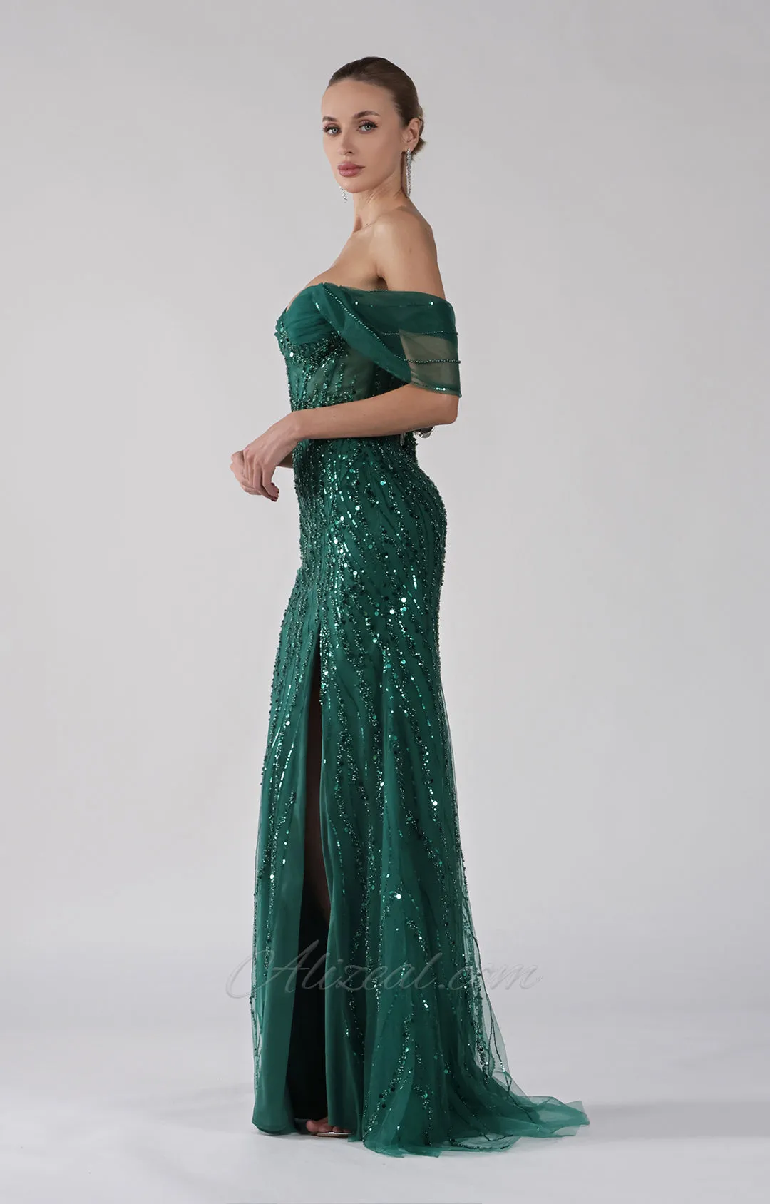 Drop-Shoulder Sequins Embroidery Side Split Bodice Dress
