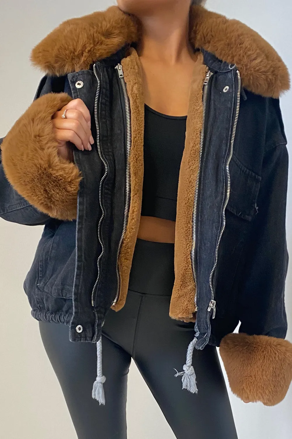 Eloise Denim Super Soft Camel Faux Fur Jacket
