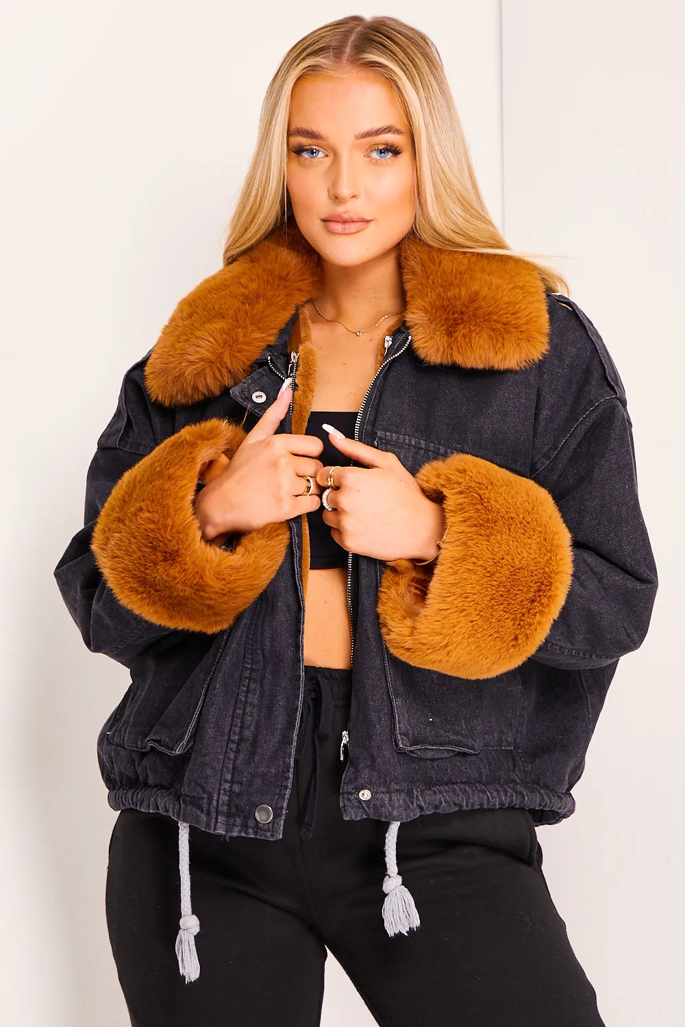 Eloise Denim Super Soft Camel Faux Fur Jacket
