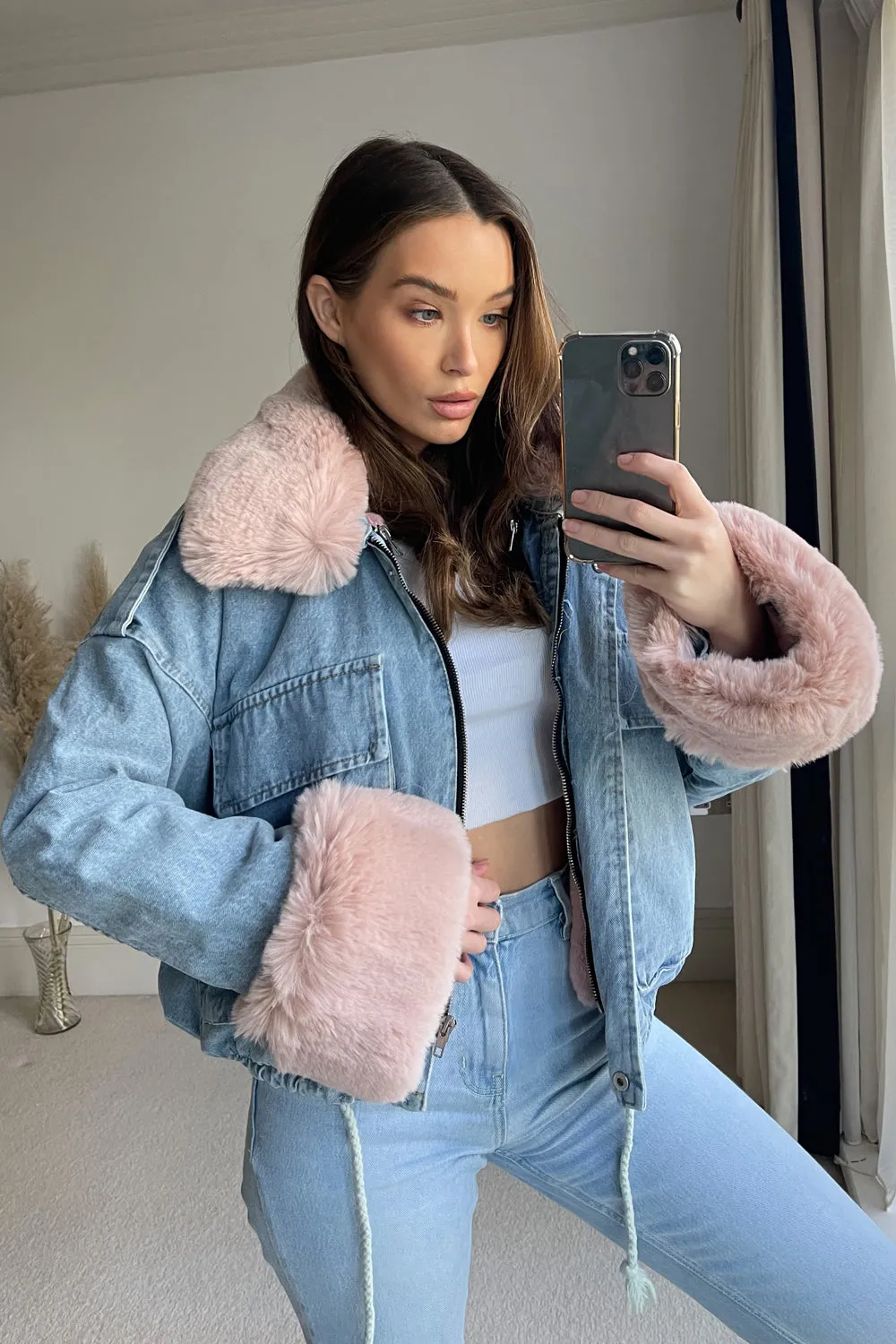Eloise Denim Super Soft Pink Faux Fur Jacket