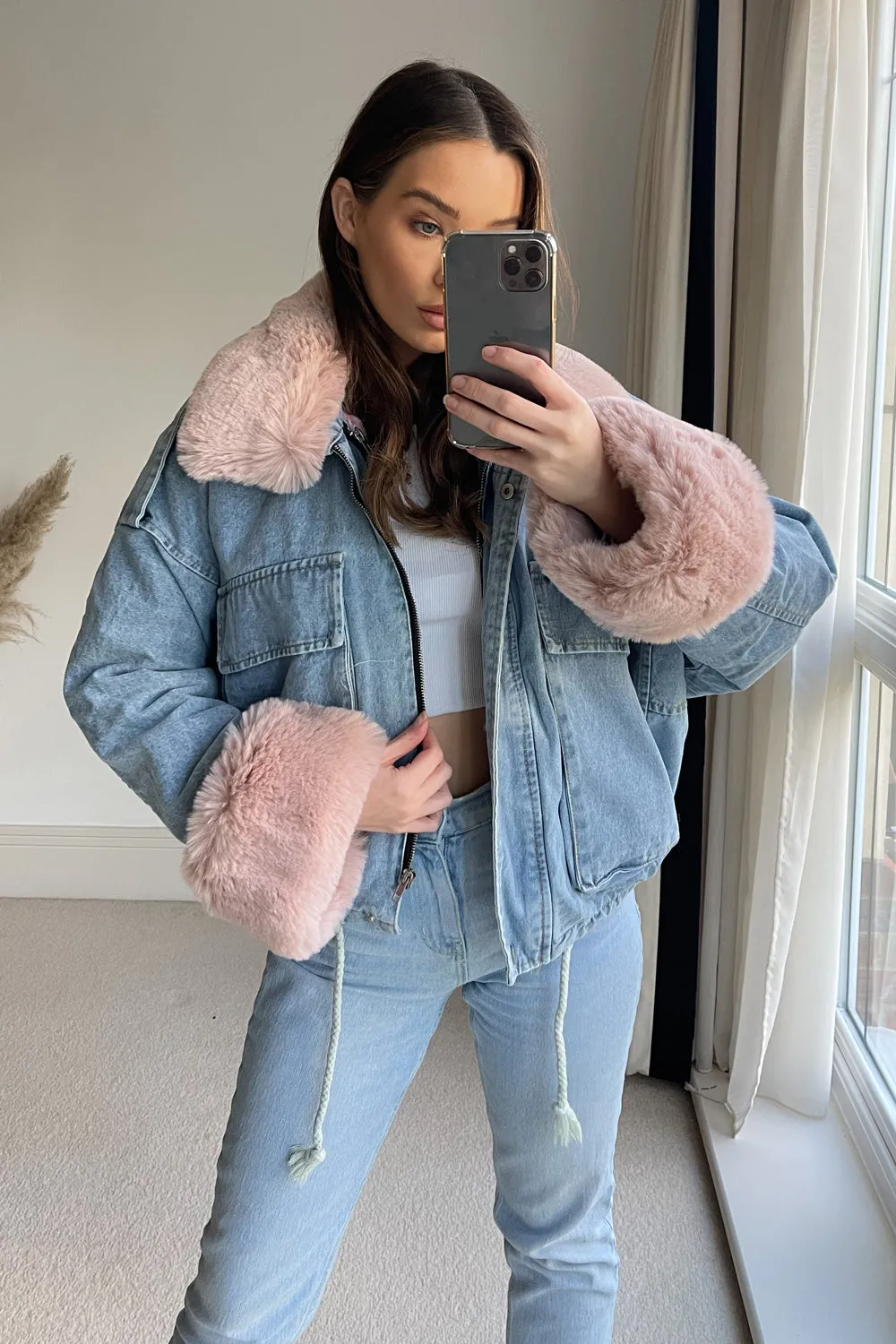 Eloise Denim Super Soft Pink Faux Fur Jacket