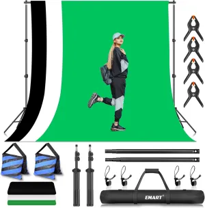 EMART Photo Video Studio Backdrop Stand Kit, 710ft Adjustable Photography Support System with Polyester Background(Black/White/Green Screen), Spring Clamps and Carry Bag for Photoshoot