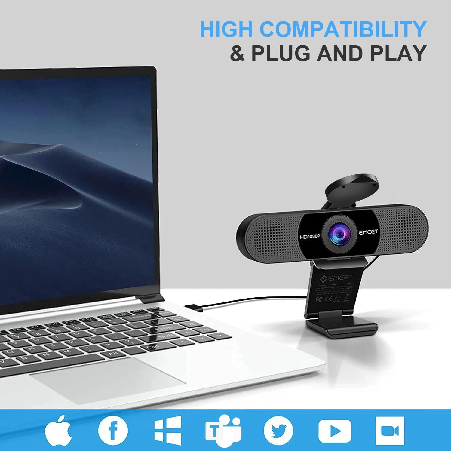 EMEET 1080P Webcam with Microphone, C960 Web Camera, 2 Mics Streaming Webcam, 90FOV Computer Camera, Plug and Play USB Web Cam for Online Calling/Conferencing, Zoom/Teams/Facetime/YouTube, Laptop/PC
