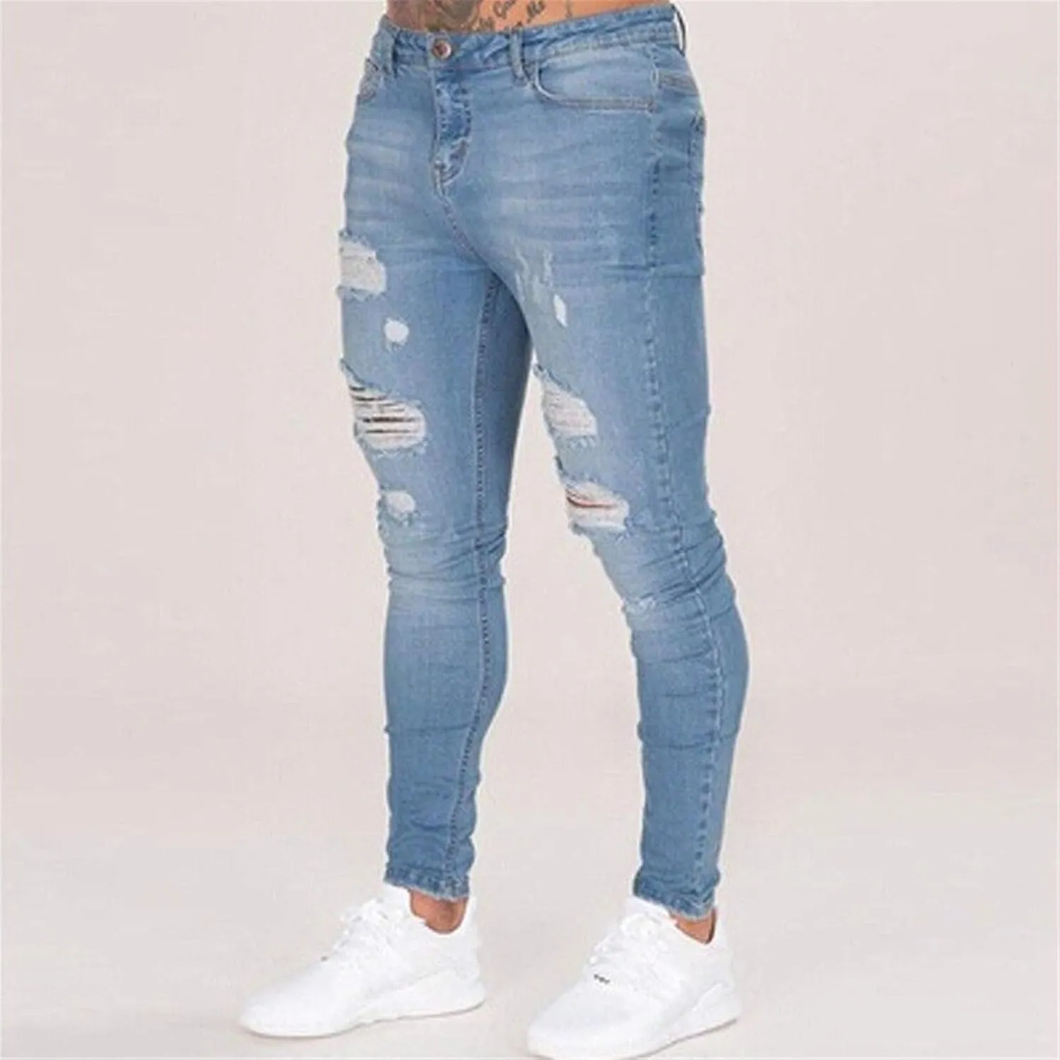 evzosrz Mens Ripped Skinny Jeans Stretchy Slim Fit Stretch Distressed Moto Biker Jeans Hip hop Tapered Leg Pants for Men