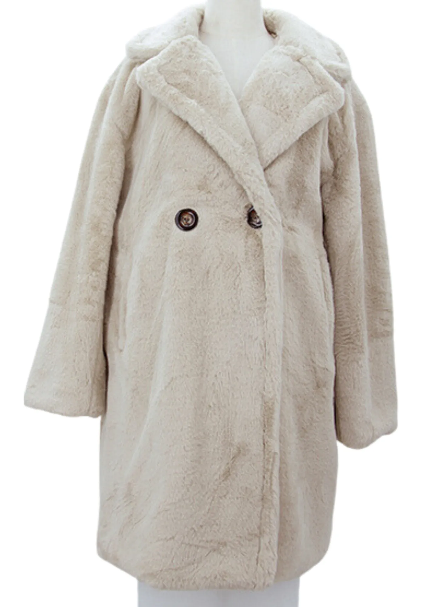 FAUX FUR  2 BUTTON COAT - LONG - SAND